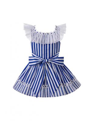 （ONLY 12Y）Girls Summer Deep Blue Cotton Flower Lace Stripe Princess Dress With Blue Bows