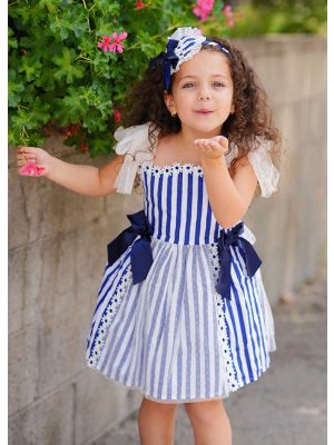 Girls Summer Blue Sling Flower Lace Stripe Princess Dress + Handmade Headband