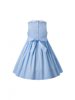 Blue Sleeveless Flower Embroidery Children Smocked Dresses 