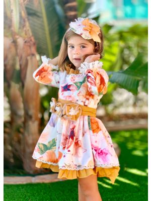 3D Three-Dimensional Printed Cotton Girls Autumn Dress + Handmade Headband