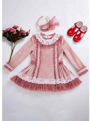 Lace Knitted Velour Fabric Pink Roses Girls Autumn Dress + Handmade Headband
