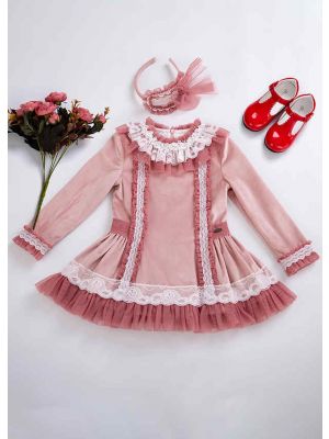 (ONLY 4Y 12Y)Lace Knitted Velour Fabric Pink Roses Girls Autumn Dress + Handmade Headband