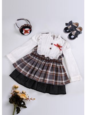 (ONLY 5Y) Girls Multi-Color Grid Ruffle Collar Elegant Kids Dress + Hand Headband