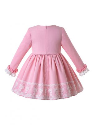 Girls Autumn Pink Lace Cuffs Kids Princess Dresses With Layered Lace + Hand Headband