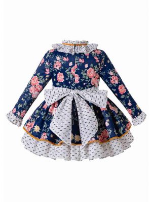 Girls Floral Rose Party Double Bows Dress + Hand Headband
