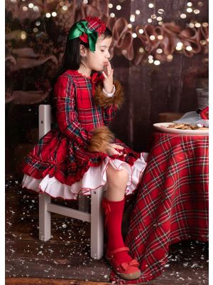 Red Grid Vintage FauxFur Sleeve Girl Dress + Hand Headband