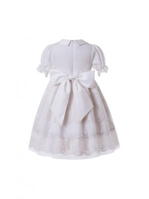 White Lace Embroidered Flower Bow Princess Dress + Hand Headband
