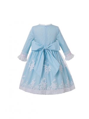 Girls Sky Blue Ribbons Embroidery Boutique Party Princess Dress + Hand Headband