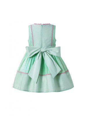 Girls Green Striped Plain Dyed Preppy Style Summer Boutique Dress With Bows + Hand Headband