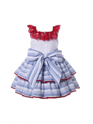 Summer Girls Plain Dyed Square Collar Layer Pary Princess Dress With Red Bows + Hand Headband