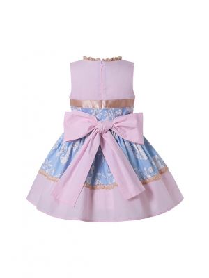 Summer Girls Pink Ribbons Bows Print Sweet Princess Dress + Hand Headband