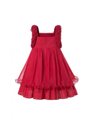(ONLY 4Y) Sweet Girls Summer Plain Dyed Red Lace Princess Dress + Hand Headband