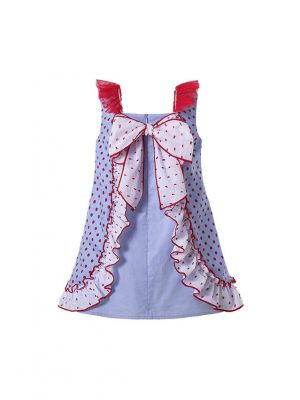 Boutique Girls Garment Dyed Red Dot With Bows Ruffles Summer Dress + Hand Headband