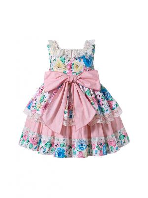 Girls Sweet Princess Flower Printed Lace Layer Dress With Bow + Hand Headband