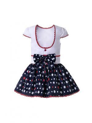 (Only 2Y 3Y 4Y) Girls Dress White Top with Red Stripe Black Floral Print Skirt + Headband