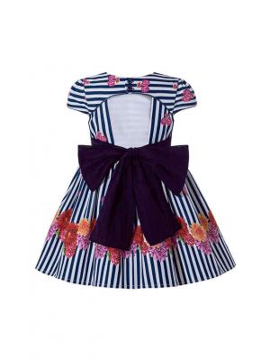 Girls Vintage Boutique Flower Pattern Striped Dress With Bow + Hand Headband