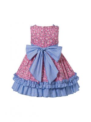 Summer Boutique Square Collar Blue Plaid Princess Girls Ruffle Dress With Bows + Hand Headband