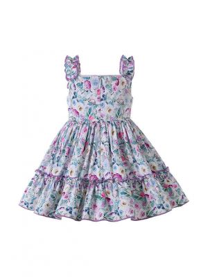 Girls Sweet Pink Bow and Purple tirm Floral Dresses + Headband