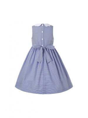 Summer Soft Blue Sleeveless Smocked O-neck Girls Dresses