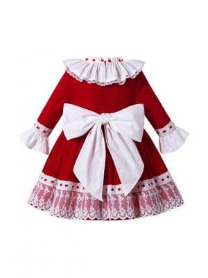 Girls Autumn Red Ruffles Lace Fluffy 3/4 Sleeves Dress With Ribbon Bows + Hand Headband