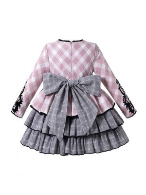Boutique Autumn Pink & Grey Plaid Layered Girls Dress + Handmade Headband