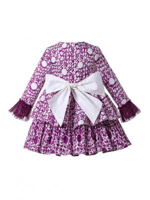 Purple Girls Autumn Flower Print Cotton Boutique Layered Dress + Hand Headband