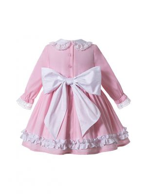 Autumn Sweet Pink Girls Ruffles Lace Kids 3/4 Sleeves Dress + Hand Headband