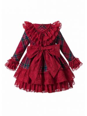 (UK Only) Vintage Autumn Red Tartan Garment Dyed Lace Boutique Kids Dress + Hand Headband