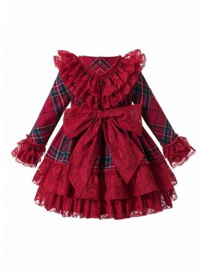 (USA ONLY)Vintage Autumn Red Tartan Garment Dyed Lace Boutique Kids Dress + Hand Headband