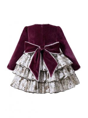 (PRE-ORDER)Exclusive Autumn Velvet Wine Red Ruched Butterfly Brooch Layered Dress + Handmade Headband