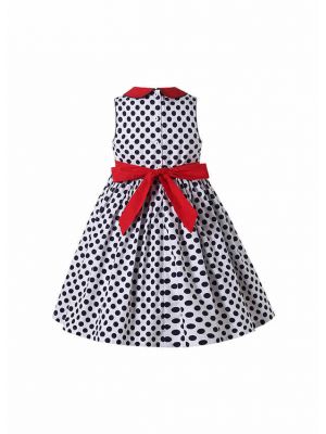 Navy Blue Polka Dots Over-Knee Length Sleeveless Smocked White Cotton Dress