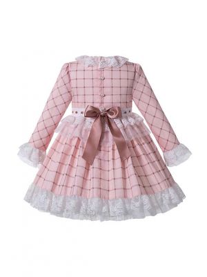 Macaron Pink Check Sweet Layered Girls Lace Boutique Autumn Dress + Handmade Headband