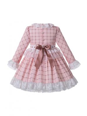 Macaron Pink Check Sweet Layered Girls Lace Dress + Handmade Headband