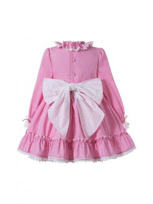 Girls Autumn Pink Ruffles Lace White Dot Princess Party Dress With Ribbon Bows + Hand Headband