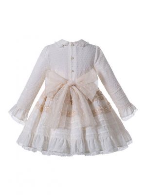 (PRE-ORDER)Elegant Girls Champagne Beige Turn-down Collar Pleat Kids Boutique Dress + Hand Headband