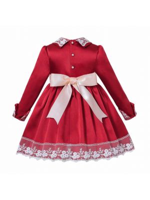 Autumn & Winter Girls Red Lace Pearls Dress