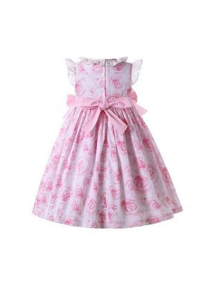 (Only 10Y) Pink Floral Ruffle Collar Smocked Dress