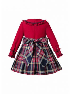 (UK Only) Autumn Girls Preppy Style O-Neck Plaid Red Dress With Bow