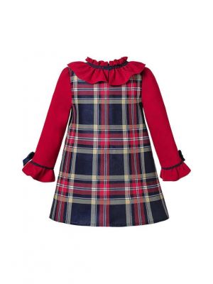 (UK Only) Autumn Red Girls Double-layered Plaid Dress With Bow