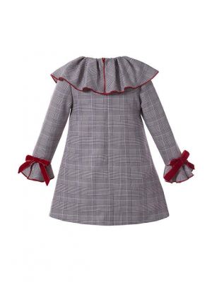 (UK Only) Grey Check Garment Dyed Double-layered Boutique Girls Vintage Dress With Red Bow + Hand Headband