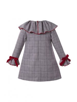 (USA ONLY)Grey Check Garment Dyed Double-layered Boutique Girls Vintage Dress With Red Bow + Hand Headband