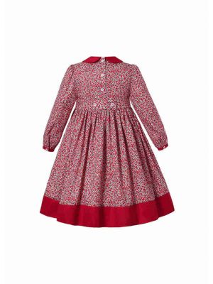 Vintage Red Girl Flower printed handmade Embroidered Smocked Dress