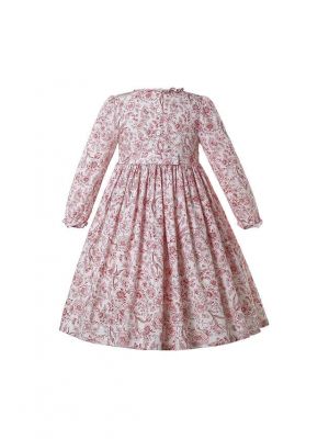 (USA ONLY)Pink Floral Girls Long Sleeve Smocked Dress