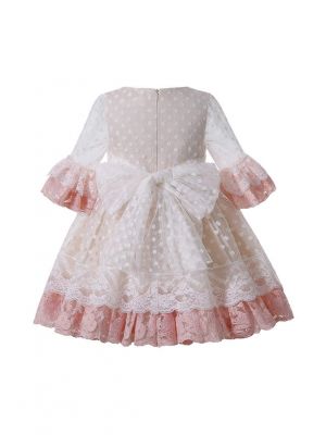 Spring Sweet Knee-Length Flare Sleeve Light Pink Flower + White Dots Girls Dress