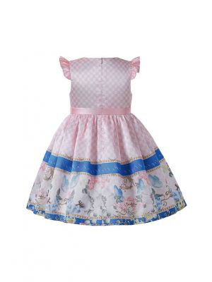 Summer Round Neck Printed Blue Stripes Girls Knee-Length Pink Dress