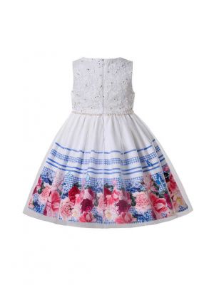 Summer Sleeveless Printed Lattice & Floral Pattern Girls White Dress