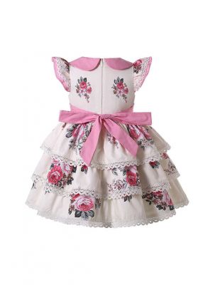 Cream-Color 3-Layers Printed Ruffle Dress