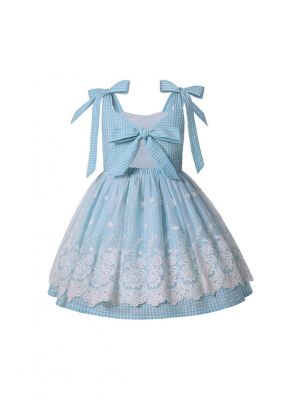 (ONLY 2Y 3Y 12Y) Cute Blue Lattice Lace Bows Sling Summer Girls Ruffle Dress
