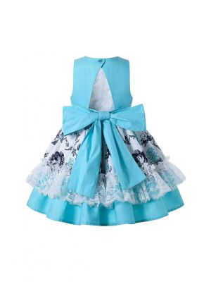 Spring Cyan-Blue Lace Ruffle Girls Dress