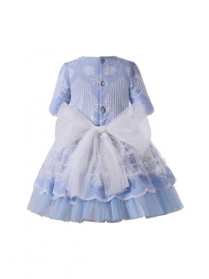 Blue Floral Embroidery Tulle Bows Feather Decoration Short Sleeve Girls Dress + Handmade Headband